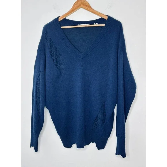 Helmut Lang Cashmere Navy Blue Distressed V Neck Oversized Sweater Womens Medium - Picture 2 of 13